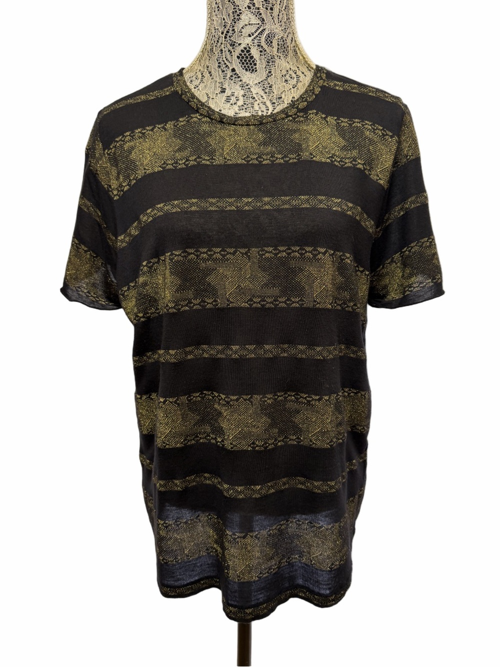 Lucky Brand XL Black Gold Metallic Striped Sheer Knit Short Sleeve Top